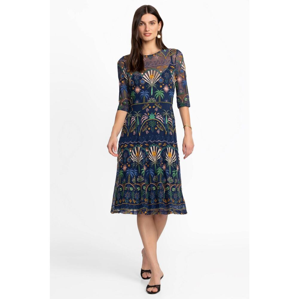 Johnny Was Women's Nova Paneled Midi Dress 3/4 Sleeves Blue Size Small NWT